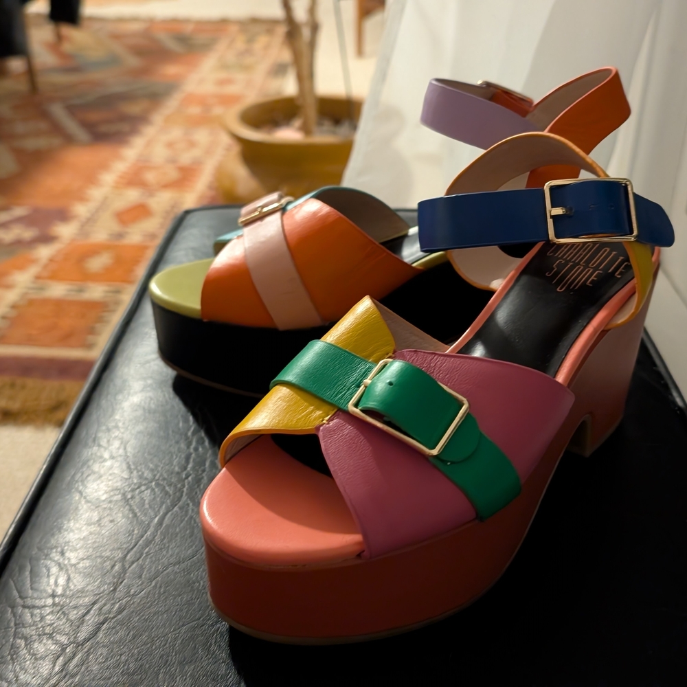 Charlotte Stone, Iconic "Rafi" Multicolor Strappy Platform Sandals